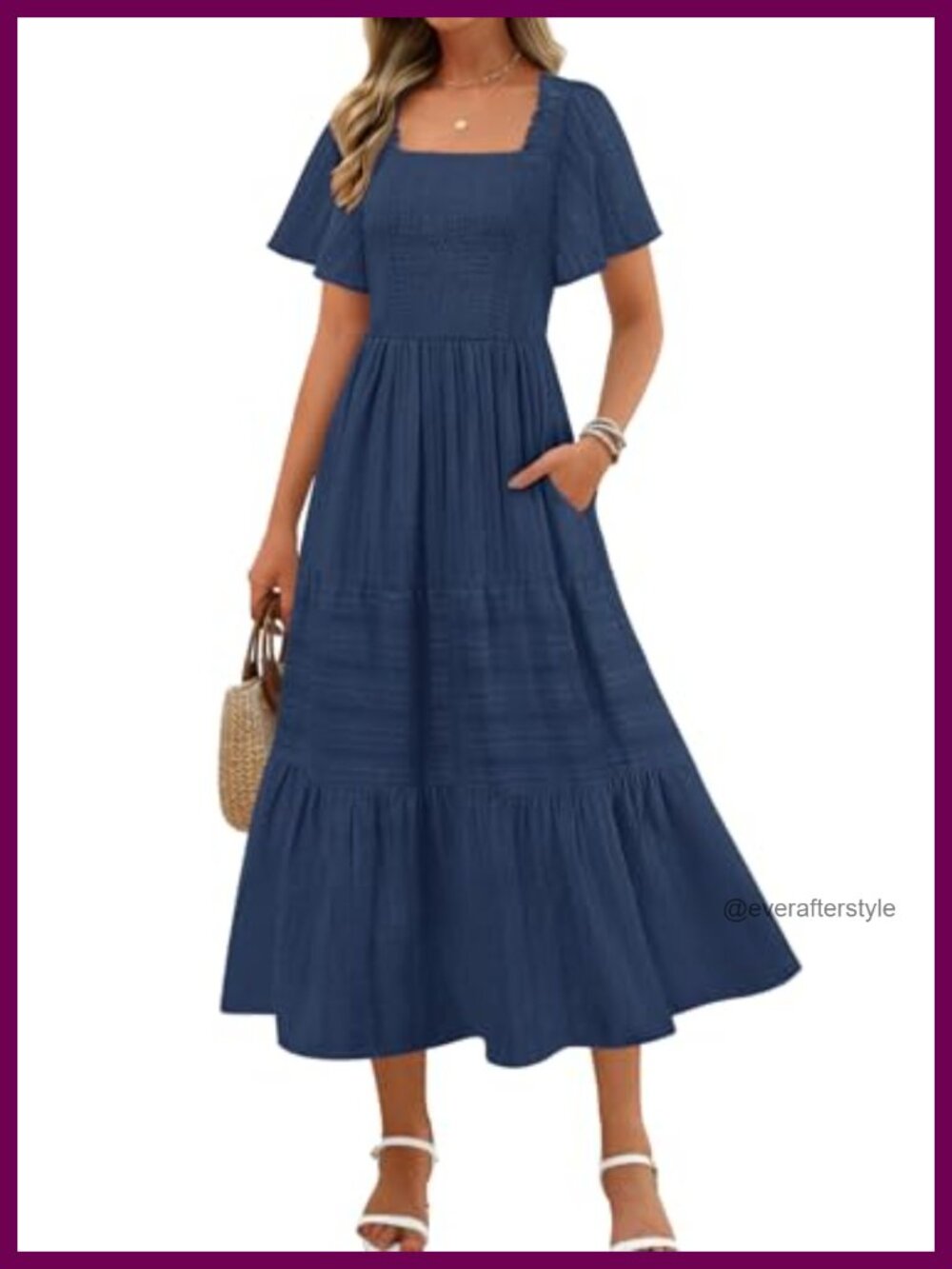 Women's Midi Dress Flutter Sleeve Square Neck Smocked Boho A-Line